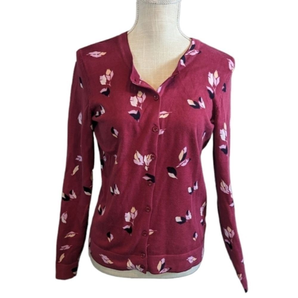 Tommy Hilfiger Cardigan Small Women's‎ 100% Cotton Burgundy with Leaves Long